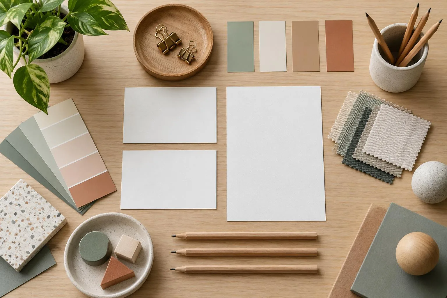 Ordentlich angeordnete neutrale Karten, Farbmuster, Papier und Stifte auf einem hellen Tisch.